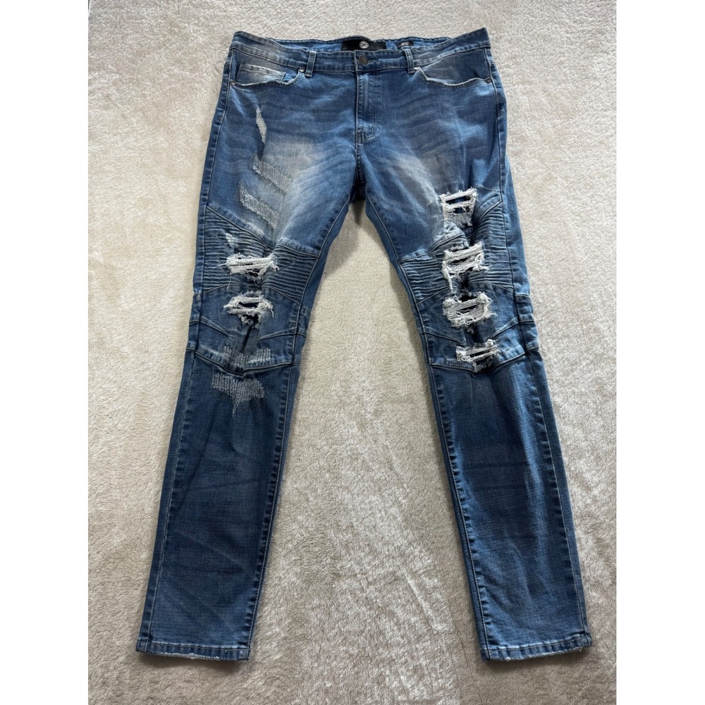 Jordan Craig Mens Sean Moto Distressed Slim Fit Blue Jeans 38x32 Meas: 39x31.5
